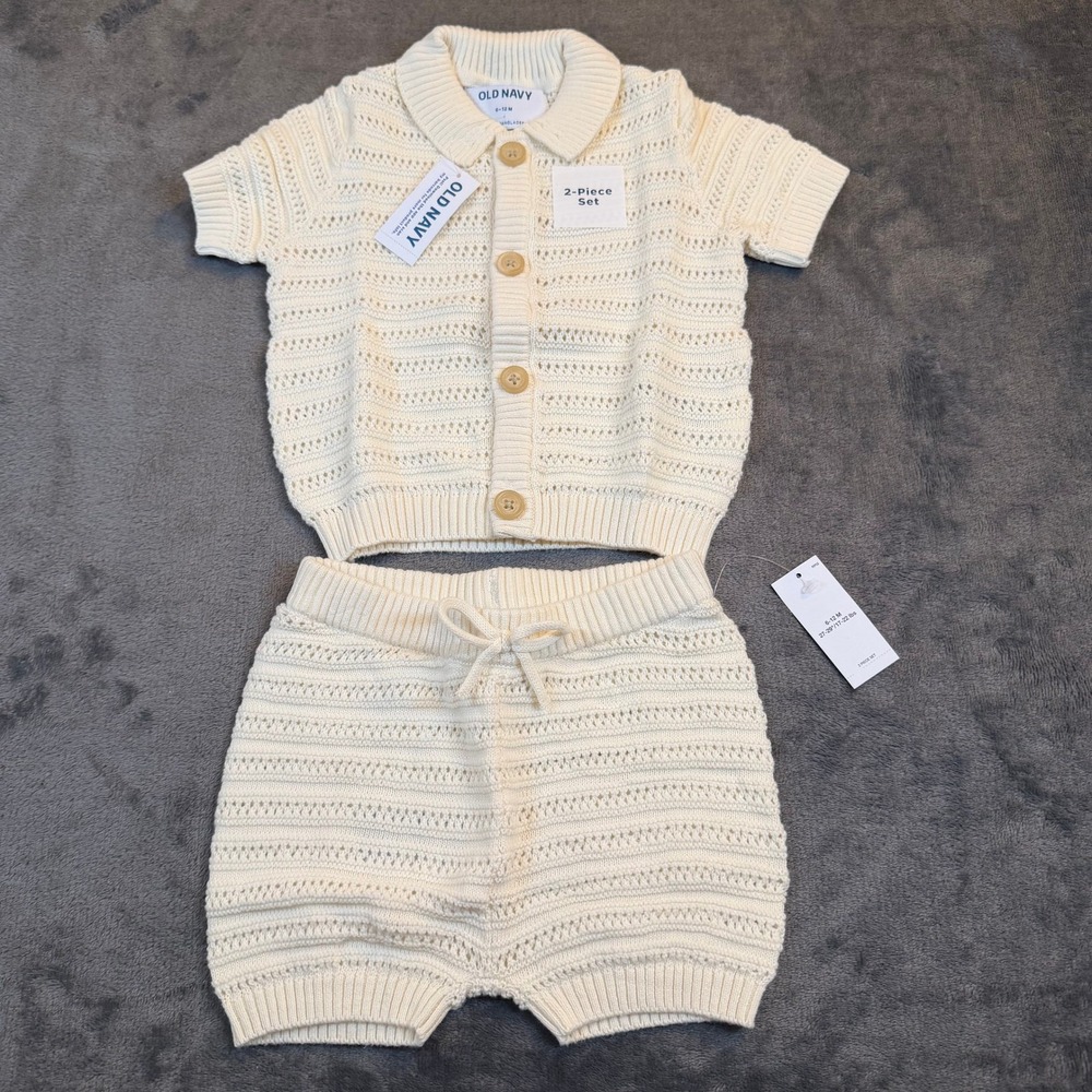 Old Navy Pointelle Knit 2-Piece Set Kids 6-12 Months Cream Cotton Button Up NWT